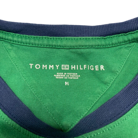 TOMMY HILFIGER Retro Embroidered Stripe Logo Green Short Sleeve Tee Medium Mens - Picture 3 of 6